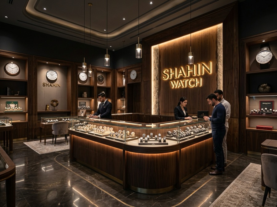 Inside Shahin Watch shop with watch display cases
